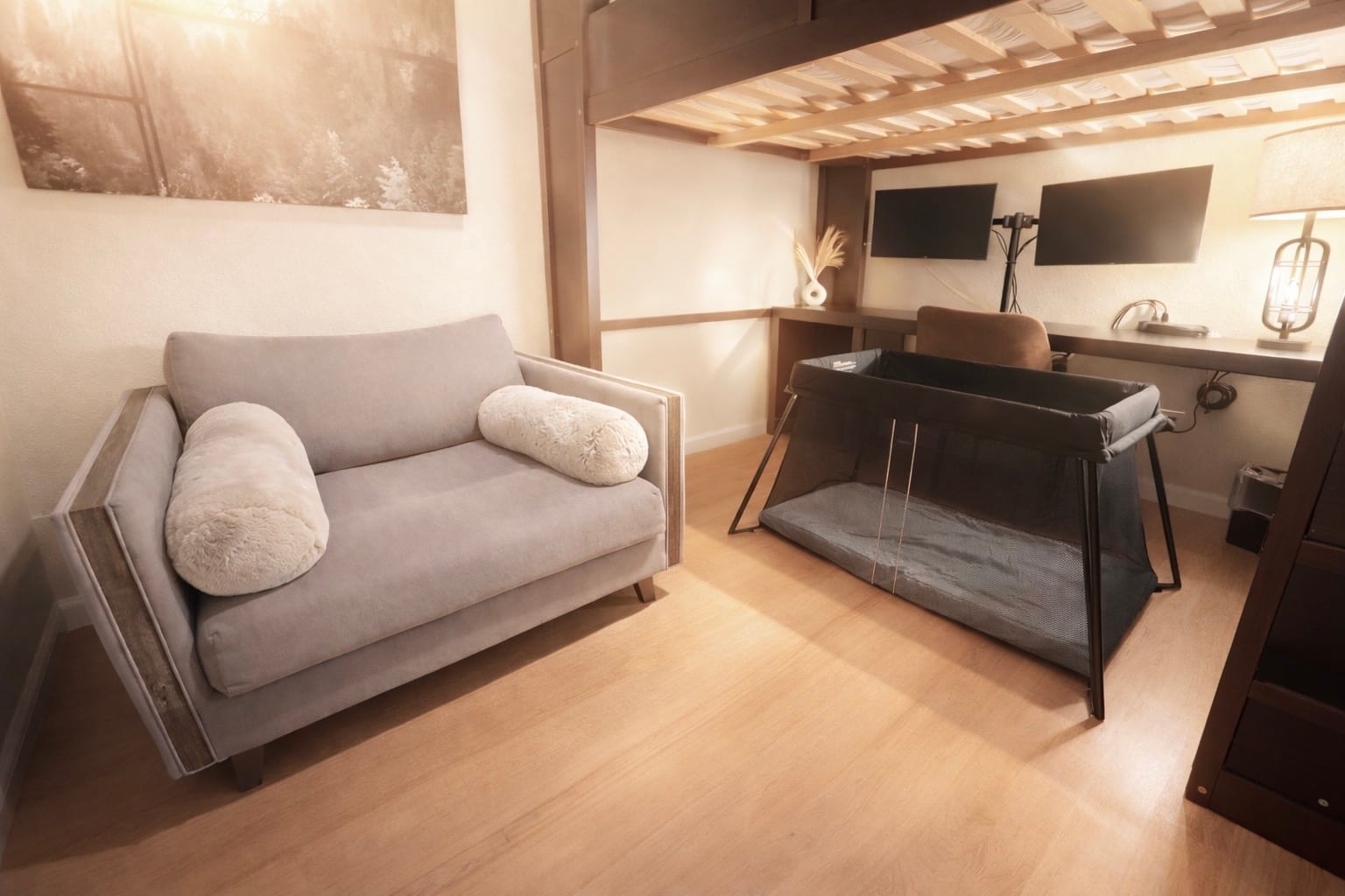 Portable baby crib available for families staying at the retreat