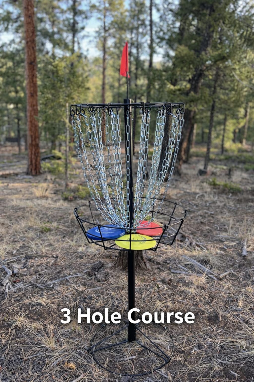 Disc golf basket on the private wooded course
