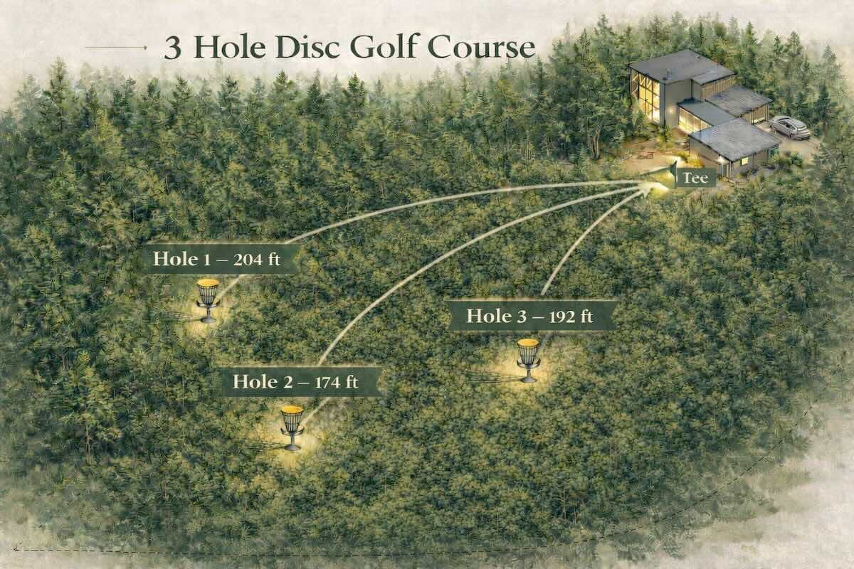 Illustrated map of the private three-hole disc golf course