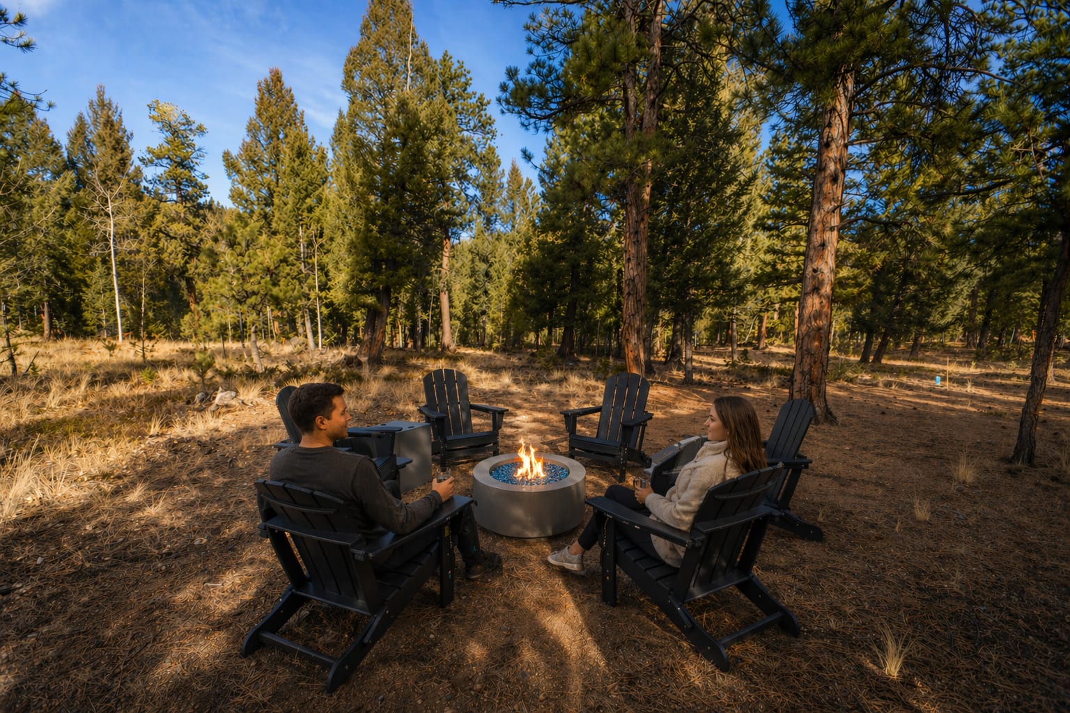 Six Adirondack chairs circling a metal fire pit in the trees