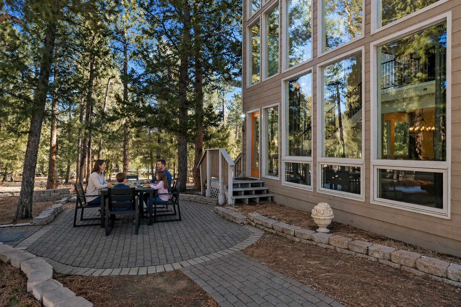Family dining on the outdoor patio beside the glass-walled retreat